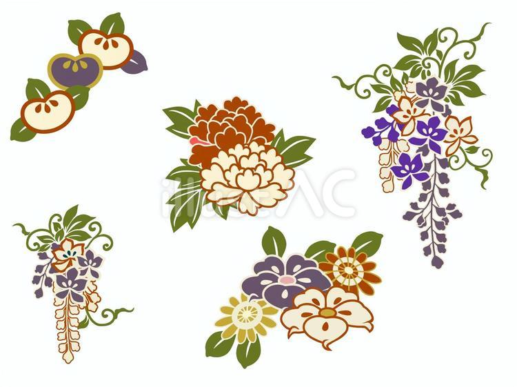 和柄の花モチーフ 藤,牡丹,橘のイラスト素材