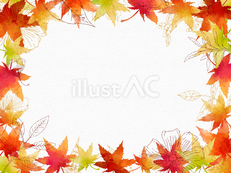 水彩手描きの紅葉と秋植物のフレーム背景 秋,線画,水彩のイラスト素材