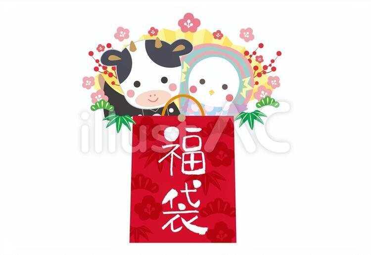 丑年牛とアマビエの飛び出す福袋 あまびえ,あまびえ様,アマビエ様のイラスト素材