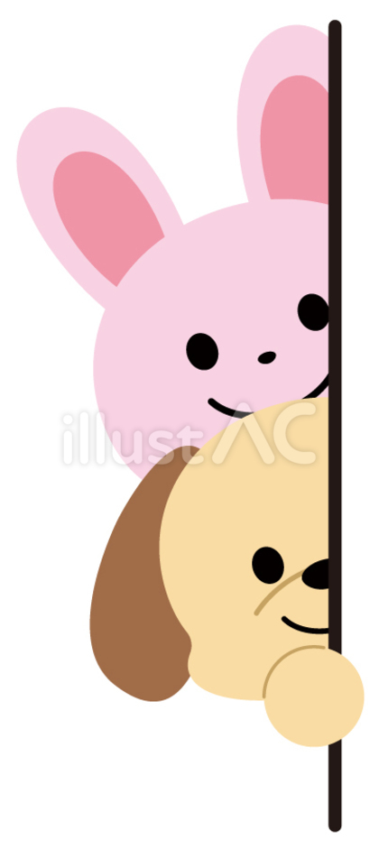 壁からひょっこり顔を出す犬とうさぎ