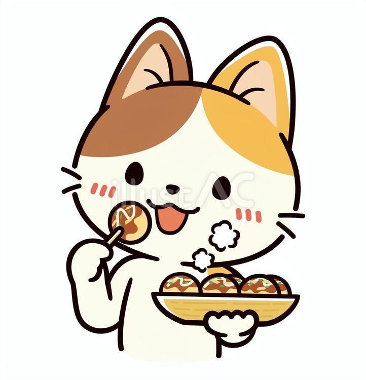 出来立てのたこ焼きを食べる可愛い三毛猫 たこ焼き,猫,食べ物のイラスト素材
