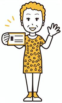  大阪のおばちゃん(黄)-238-全身 免許証,おばちゃん,大阪,ヒョウ柄,おばはん,中年,女性,関西,派手,おばさんのイラスト素材