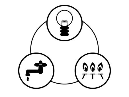 ライフライン４（電気とガスと水道） アイコン,水道,電気,ガス,蛇口,水,雫,火,五徳,コンロのイラスト素材