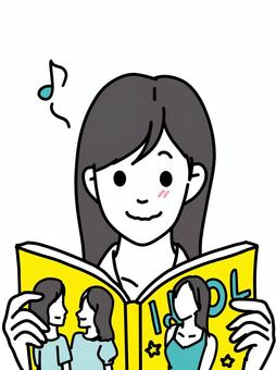 アイドル雑誌を読む女性 女性,雑誌,モデル,ロングヘア,音符,上半身,アイドル,頬,キュンキュン,芸能オタクのイラスト素材