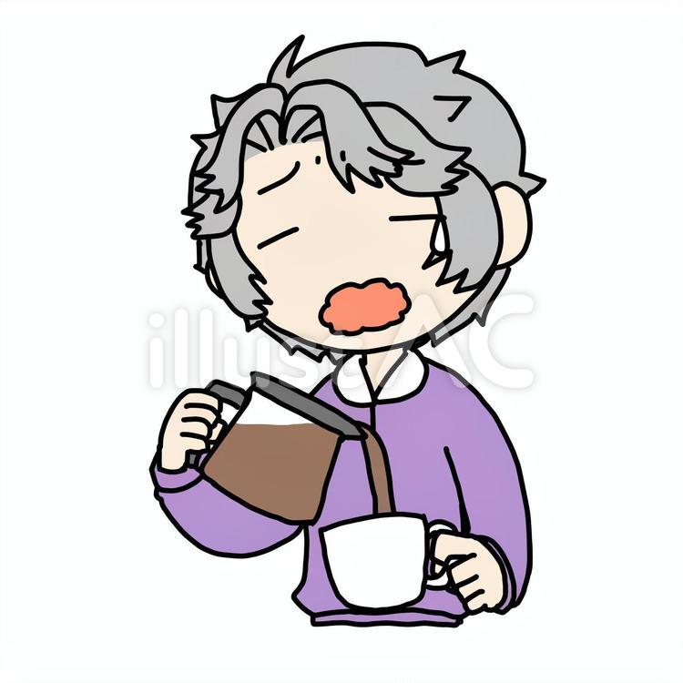 あくびしながらコーヒーを淹れるおばあさん おばあさん,コーヒー,淹れるのイラスト素材