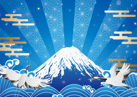 青色の富士山と鶴の和風素材 和風,和柄,富士山,日本,鶴,海,波,雲,集中線,背景のイラスト素材