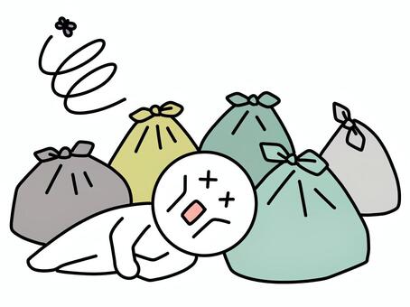 ゴミ袋に囲まれて気絶する棒人間 ゴミ袋,棒人間,気絶,ハエ,汚い,倒れる,卒倒,かわいい,シンプル,人物のイラスト素材