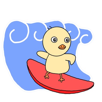 サーフィンするヒヨコ ひよこ,鳥,動物,サーフィン,サーファー,サーフボード,波乗り,スポーツ,マリンスポーツ,夏のイラスト素材