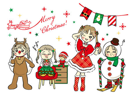 メリークリスマス！推し活メンバー★ クリスマス,サンタクロース,トナカイ,雪だるま,コスプレ,シルエット,箪笥,ぬいぐるみ,プレゼント,おしゃれのイラスト素材