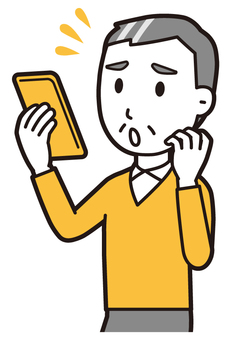  ニット中年男性(黄)-069-バスト スマホ,慌てる,おじさん,男性,中年,お父さん,パパ,シニア,ミドルエイジ,人物のイラスト素材