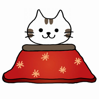 Illustration, cat, a kotatsu, charcoal brazier in a floor well, 