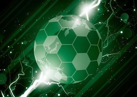 緑色の稲妻が走るサッカーと世界の背景素材 スポーツ,サッカー,ボール,世界,地図,稲妻,雷,ライン,光,パーティクルのイラスト素材