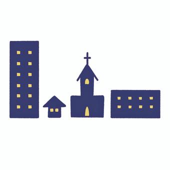 ナチュラル　手描き　街並み　ネイビー 街並み,建物,手描き,ナチュラル,シンプル,ビル,教会,家,住宅,施設のイラスト素材