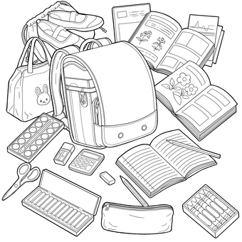 小学校のアイテム ぬり絵,手書き,線画,白黒,塗り絵,ぬりえ,大人向け,小学校,学校,ランドセルのイラスト素材
