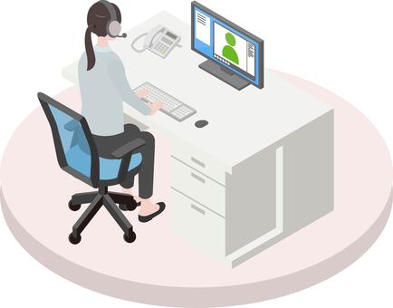 アイソメトリック_働く人④-10 アイソメトリック,オフィス,女性,ミーティング,ヘッドセット,オペレーター,会社員,オンライン,オフィスワーク,働くのイラスト素材