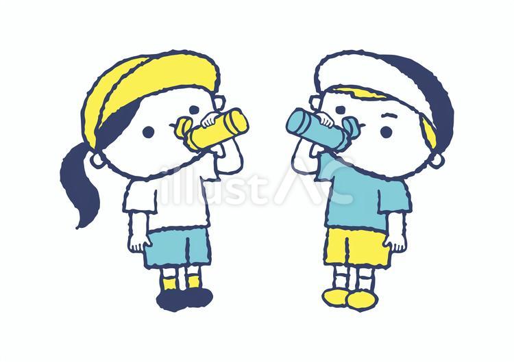 熱中症対策で水分を摂る小学生（ブルー） 熱中症対策,熱中症,水分補給のイラスト素材