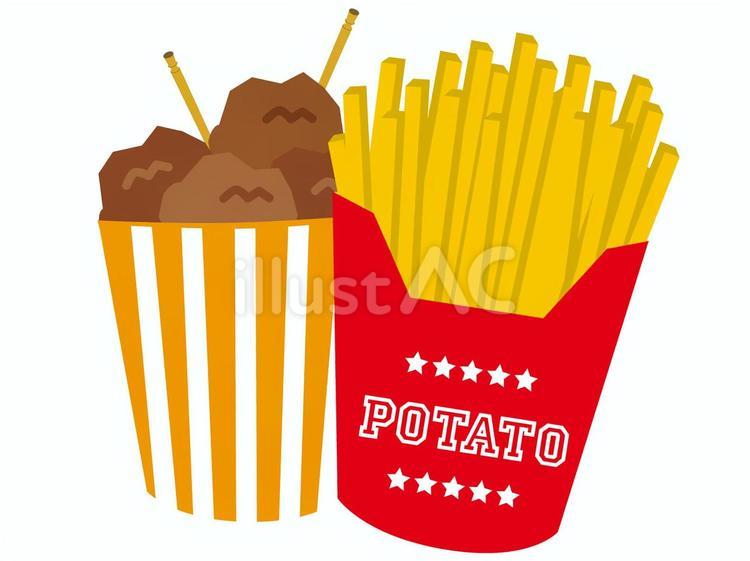 カップの唐揚げとフライドポテト/縁日22 唐揚げ,フライドポテト,ホットスナックのイラスト素材