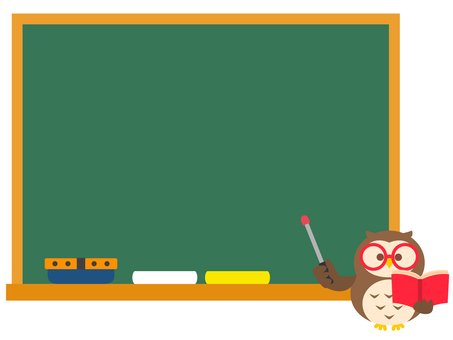 フクロウと黒板（主線なし） 本,フクロウ,キャラクター,黒板,指し棒,先生,授業,黒板消し,チョーク,主線なしのイラスト素材