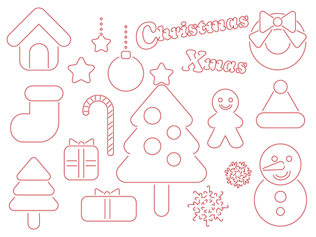 クリスマスのアイコン（線画）赤 クリスマス,リース,靴下,キャンディー,スノーマン,雪だるま,雪の結晶,ツリー,クリスマスツリー,プレゼントのイラスト素材
