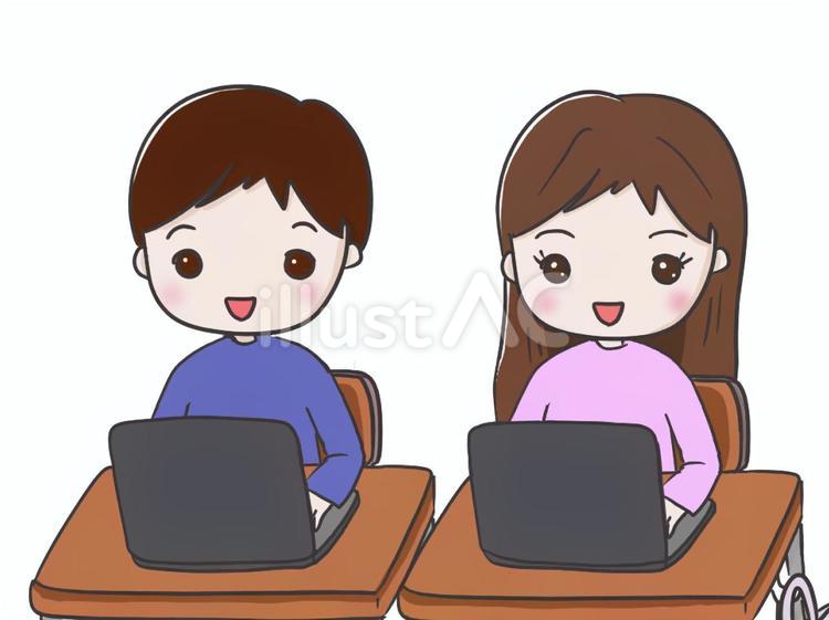パソコン学習をする男の子と女の子2 小学生,子ども,授業のイラスト素材