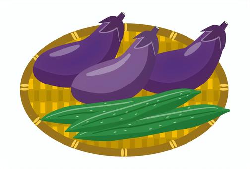 ざるに盛られたきゅうりとなす きゅうり,なす,お盆,ざる,夏,野菜,夏野菜,茄子,淡色野菜,暑中見舞いのイラスト素材