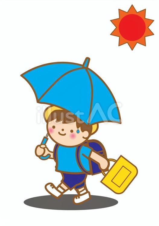 日傘で登校する男の子 日傘,猛暑,夏のイラスト素材