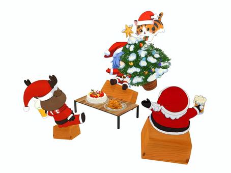 クリスマスパーティーでサンタと猫とツリー クリスマス,サンタクロース,サンタ,トナカイ,クリスマスパーティー,クリスマスツリー,ローストチキン,チキン,猫,ツリーのイラスト素材