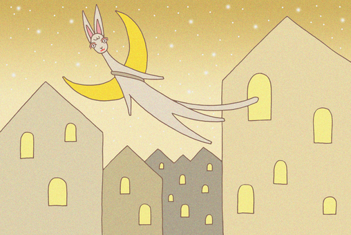 街中を飛び交う猫 猫,街,家屋,窓明かり,星,星空,夜空,飛行,動物,メルヘンのイラスト素材