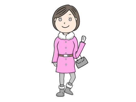 ピンクのコート(冬物)を着た若い女性 ファッション,コート,ブーツ,ショートカット,女性,ショートヘアー,お洒落,若者,大学生,美人のイラスト素材