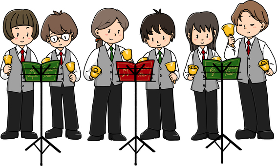 ハンドベルを演奏する男女グループ ハンドベル,ハンドベル奏者,クリスマス,コンサート,音楽会,演奏会,クリスマス会,演奏中,正面,全身のイラスト素材