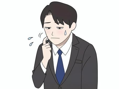 申し訳ないと思っているスーツの男性 面目ない,気まずい,すみません,申し訳ありません,頬,ポリポリ,掻く,ぎこちない,重い空気,緊張のイラスト素材