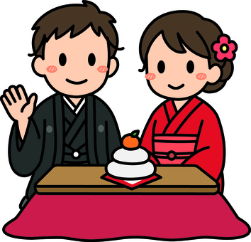 赤のこたつの大人たちです。 こたつ,シンプル,正月,みかん,鏡餅,男性,女性,冬,和風,家族団らんのイラスト素材