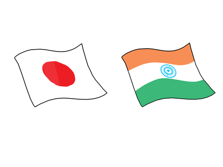 日本とインドのなびく国旗