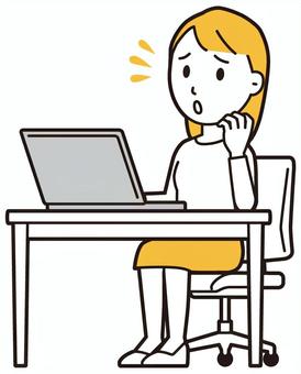 ノートパソコンを見て焦っている若い女性 困る,女性,女の子,人,ロングヘア,若い,焦る,見る,慌てる,パソコンのイラスト素材