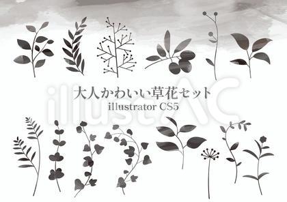 大人かわいい草花のセット モノクロ