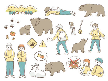 クマ被害に注意 熊,被害,子熊,対策,足跡,線画,手書き,人物,親子,山のイラスト素材