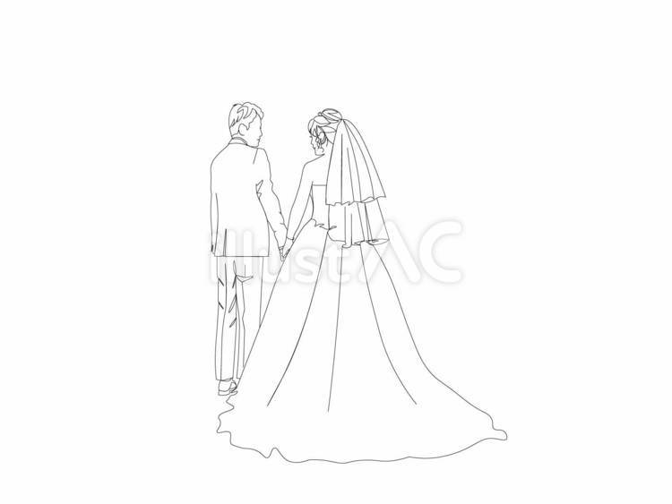 結婚式で手を繋いだ新郎新婦の後ろ姿　① 結婚式,ウェディングドレス,タキシードのイラスト素材