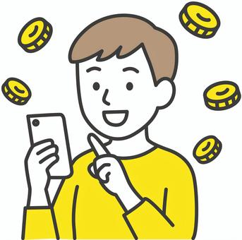 スマホでポイントを貯める男性 スマホでポイントを貯める男性 人物,男性,スマホ,スマートフォン,ポイント,ポイント貯める,お得,ポイントアプリ,ポイ活,お金のイラスト素材