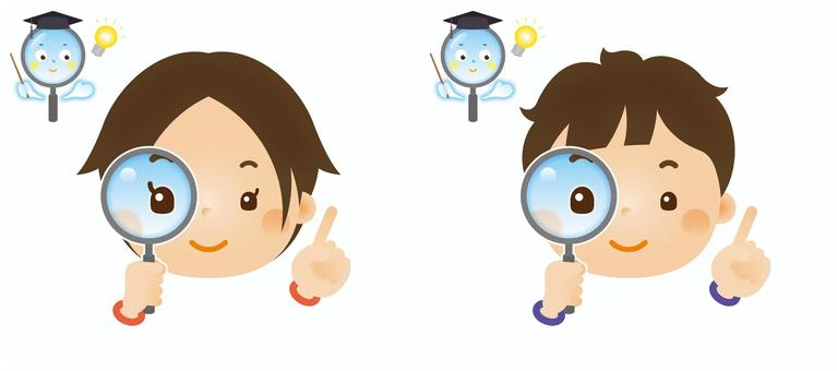 調べる子ども3 虫眼鏡,拡大,調べる,子ども,人物,男の子,女の子,小学校,幼稚園,保育園のイラスト素材