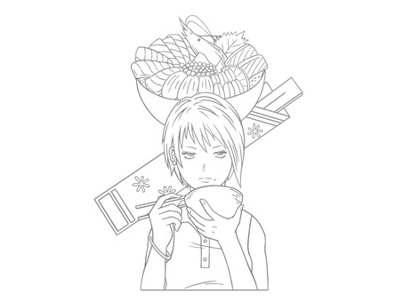 海鮮丼を食べている若い女性(モノクロ) 海鮮丼,丼,食べ物,お箸,海老,刺身,海の幸,ごちそう,ショートヘアー,女性のイラスト素材