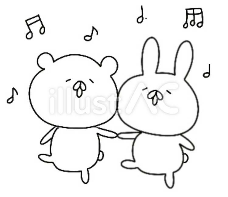へたゆるうさぎフレンズダンス散歩　塗り絵 うさぎ,くま,音符のイラスト素材