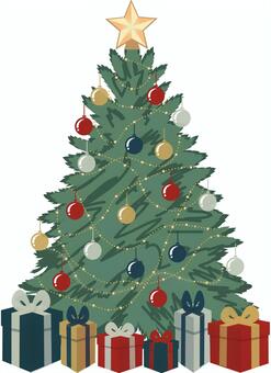 クリスマスのツリーとプレゼント クリスマスツリー,もみの木,プレゼント,星,オーナメント,電飾,リボン,冬,12月,イベントのイラスト素材