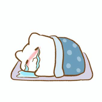 布団で泣くゆるい猫のイラスト（メンタル） 泣く,悲しい,落ち込む,涙,猫,布団,寝る,ネガティブ,表情,動物のイラスト素材