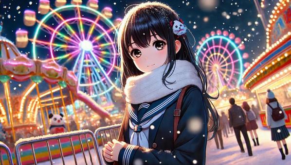 冬の夜の遊園地と女子高生