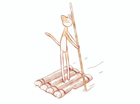 いかだ猫 猫,可愛い,いかだ,乗る,漕ぐ,水彩風のイラスト素材
