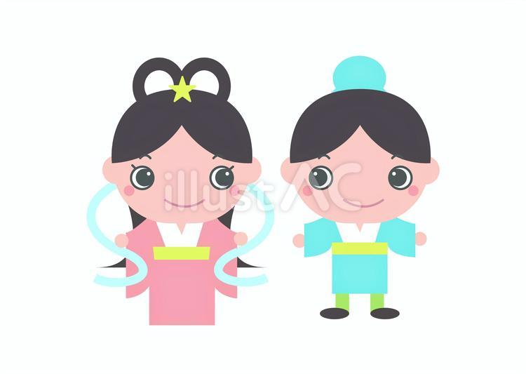 七夕　織姫　彦星　2人 七夕,ピンク,水色のイラスト素材