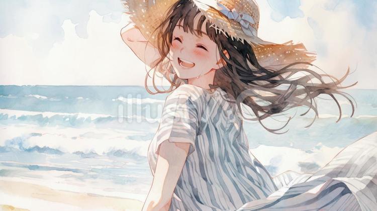 波打ち際でほほ笑む女性_3 女性,海,夏のイラスト素材