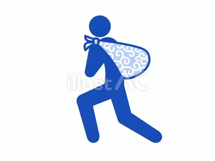 唐草模様風呂敷を背負い抜き足差し足（青） 人,人物,ピクトグラムのイラスト素材