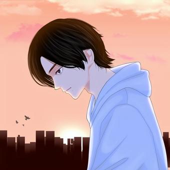 夕暮れボーイ 夕暮れ,フーデッド,青年,イケメン,漫画のイラスト素材