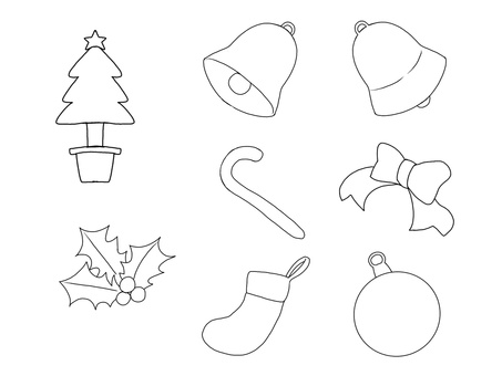 クリスマスセット線画 クリスマス,手描き,シンプル,かわいい,１２月,オーナメントボール,ベル,ツリー,靴下,リボンのイラスト素材
